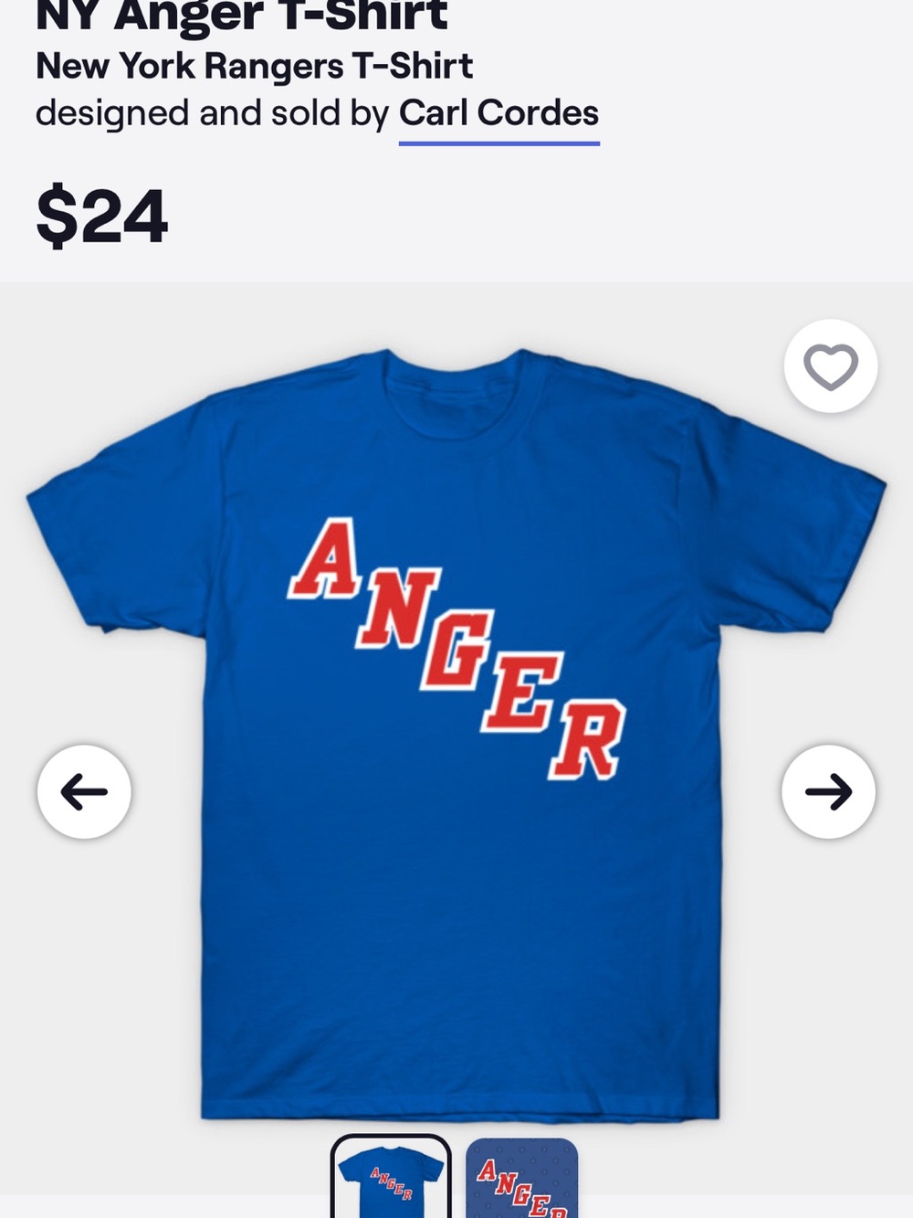 NY RANGERS Blue "Anger" Short Sleeve Tee